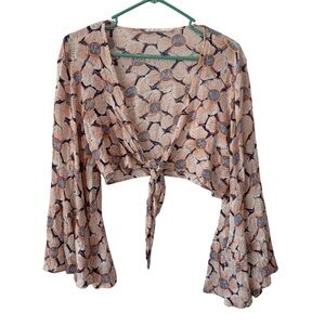 3/$20 Audrey 3+1 Floral Tie-Front Bell Sleeve Crop Top